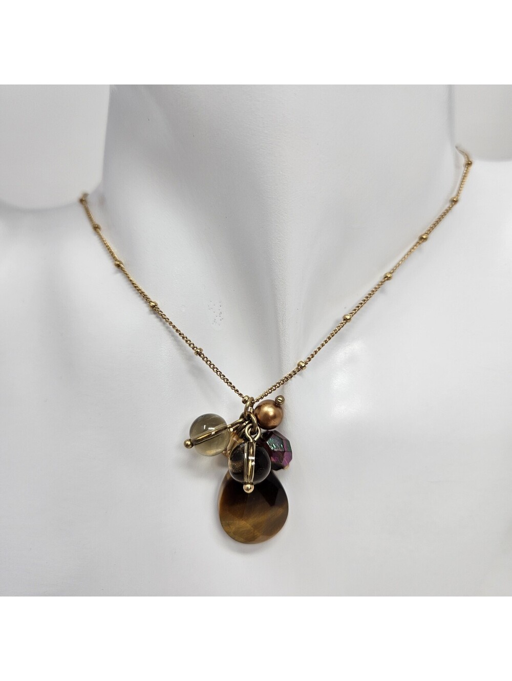 Vintage Avon Gold Tone Beaded Tiger's Eye Color Pendant Accented Necklace
